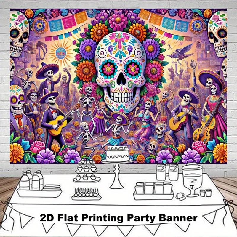 2D Flat, Vivid Day of the Dead Party Banner - Colorful Sugar Skull and Flower Design, Polyester Background Fabric