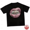 Labbra Grigio Lucido Con Grillz di Diamanti Argentati T-shirt Grafica Hip Hop Moda Rap High Street Maglietta Casual Larga a Maniche Corte