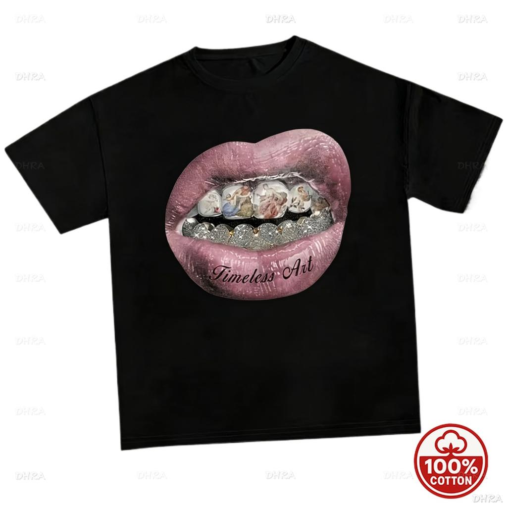 Labbra Grigio Lucido Con Grillz di Diamanti Argentati T-shirt Grafica Hip Hop Moda Rap High Street Maglietta Casual Larga a Maniche Corte