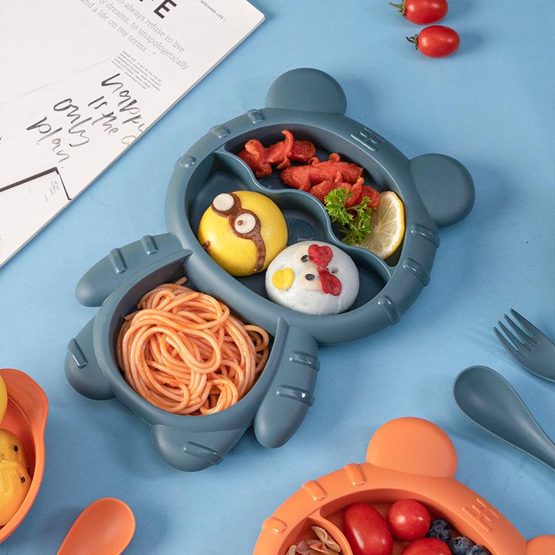 Cute Cartoon Kids' Divided Plate & Feeding Set: 4-Piece Infant Bowl, Spoon & Fork