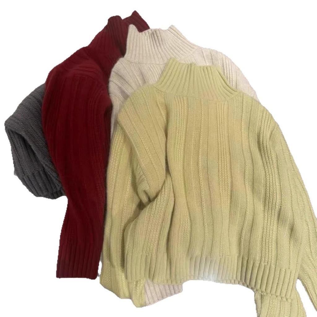 European High-End Women's Thick Ribbed Turtleneck Sweater - Loose Fit, Short, Autumn/Winter Knitwear