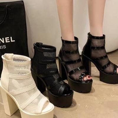 Fashion High Heels Gladiator Women Sandals Peep Toe Sexy Black Mesh Square Heel Platform Shoes 2024 Summer Womens Luxury Thick Sandals