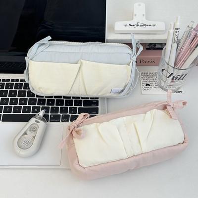 Cute Bowknot Pen Bag Soft Fabric Large Capacity Stationery Bag Students Portable Pencil Case Stationery Organizer