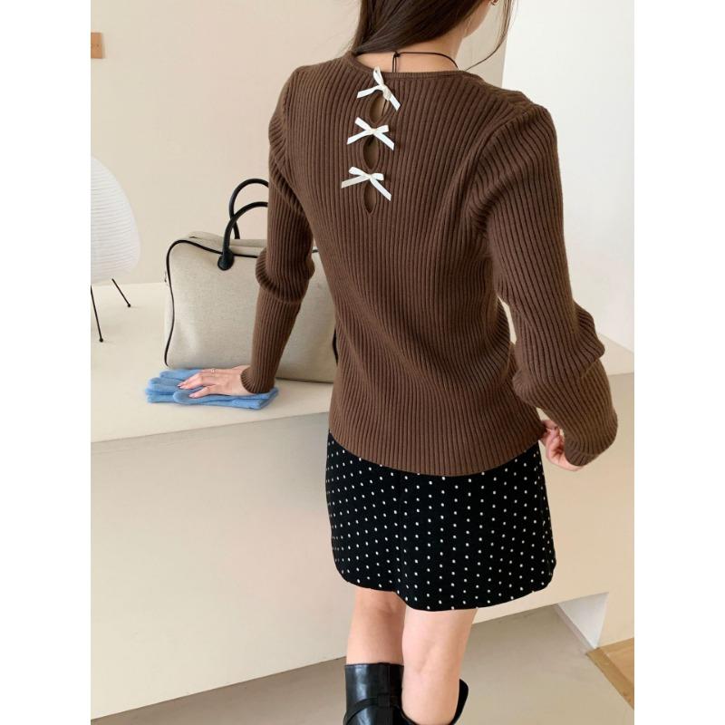 Crew neck back bow design sense knitted bottoming shirt autumn and winter new slim and thin sweater inner women