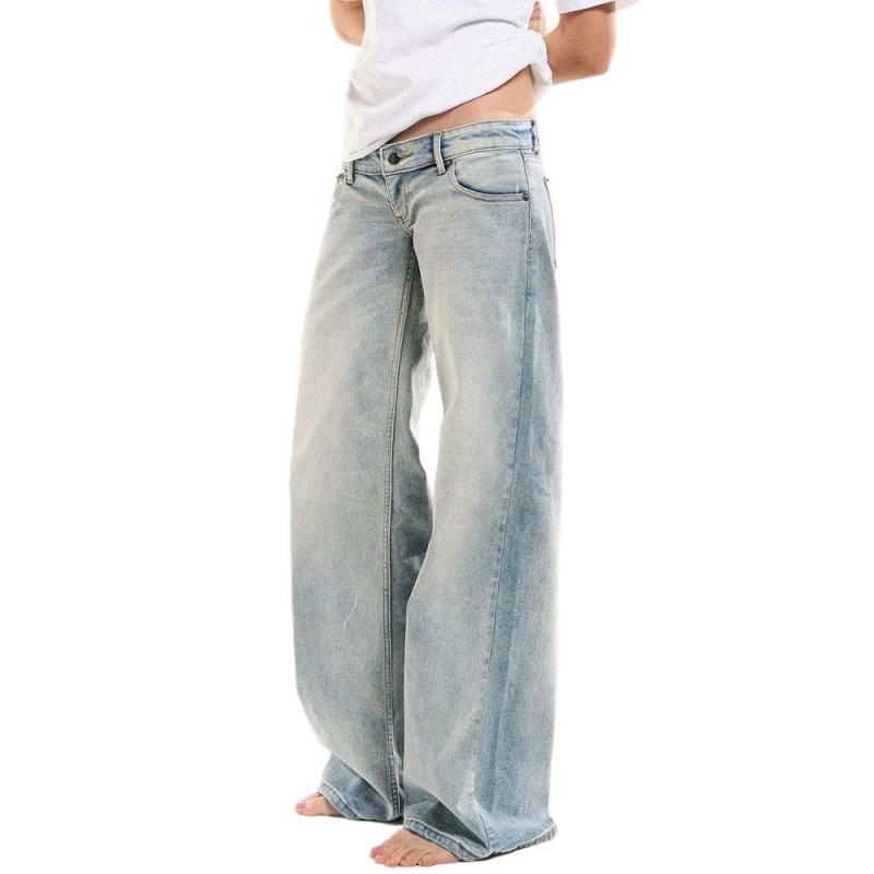 Washed Blue Relaxed Fit Low Rise Straight Leg Denim Jeans Women Streetwear Vintage Style