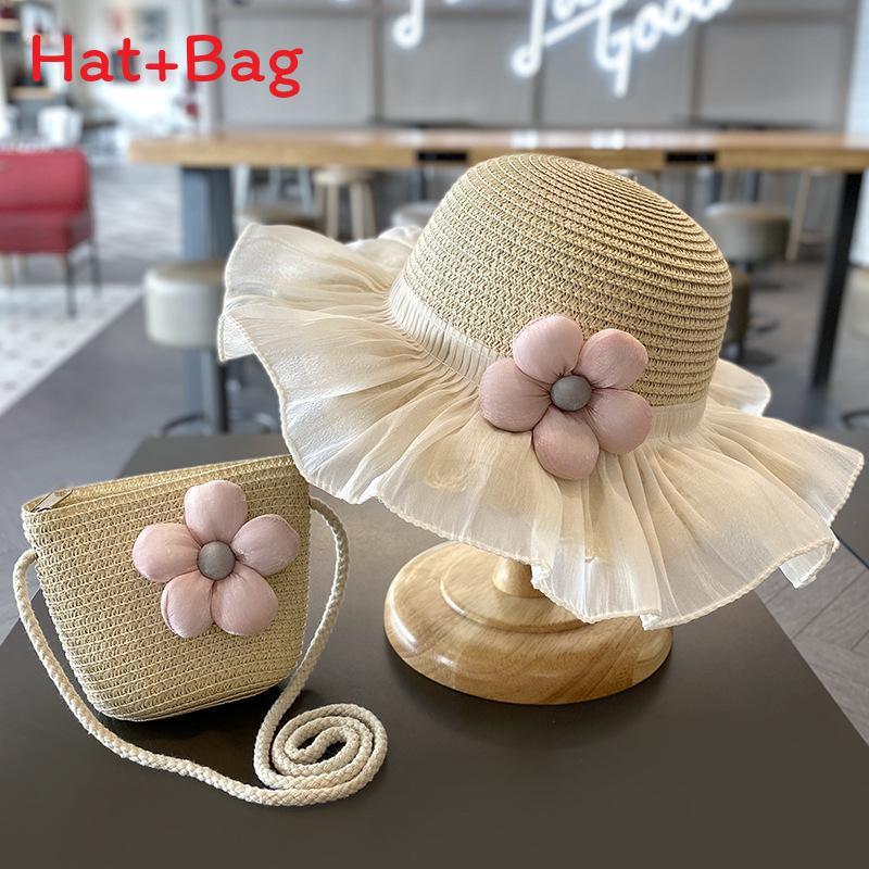 

Summer Girl Sun Protection Hat With Large Brim And Lightweight Straw Material For Kids бежевый