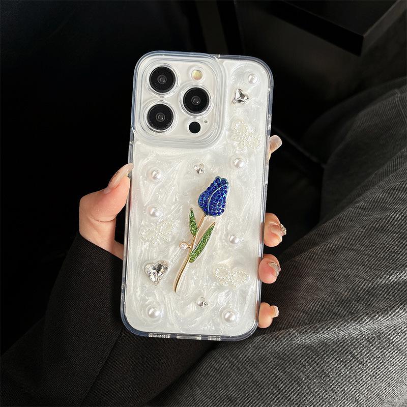 For Apple 16Pro Fresh Ins Style Rose Phone Case for IPhone17 Glitter Glitter Rhinestone Pearl Diamond