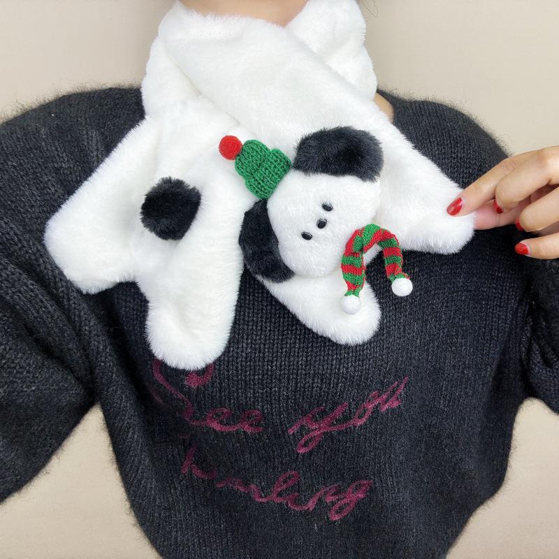 Cartoon Christmas Puppy Plush Women's Winter Mittens - Warm, Thick, Fluffy, Full-Cover Gloves with Neck Strap for Cold Protection