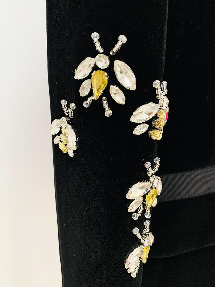 High-End Slim Fit Velvet Suit Jacket with Bee Embroidery and Rhinestone Beadwork