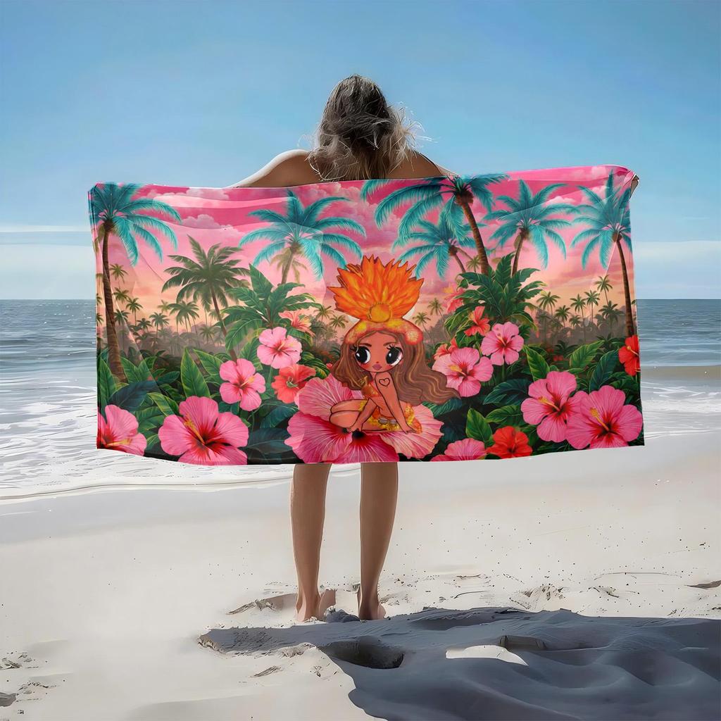 1pc Tropical Paradise with Hibiscus and Sunset Vibes 2D Printed Microfiber Beach Towel, quick dry super absorbent. Great for