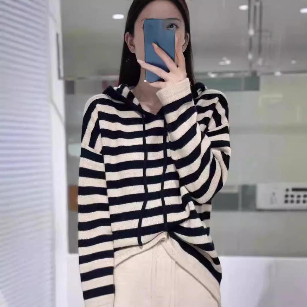Women's Hooded Striped Knit Pullover Sweater - Loose Fit, Long Sleeve, Autumn/Winter Style.