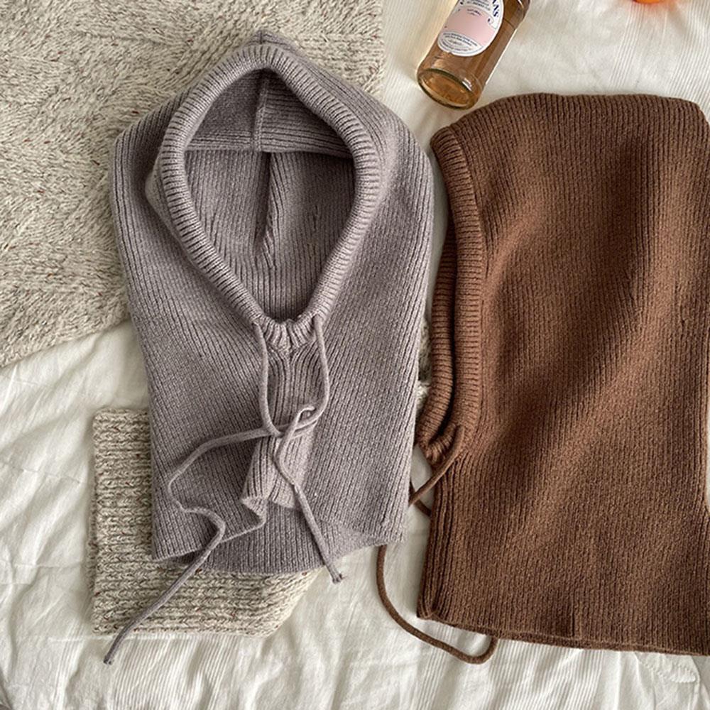 Knitted Hooded Hat for Women Winter Neck Cover Balaclava Hats Beanies Outdoor Warm Woolen Drawstring Caps One-piece Beanies