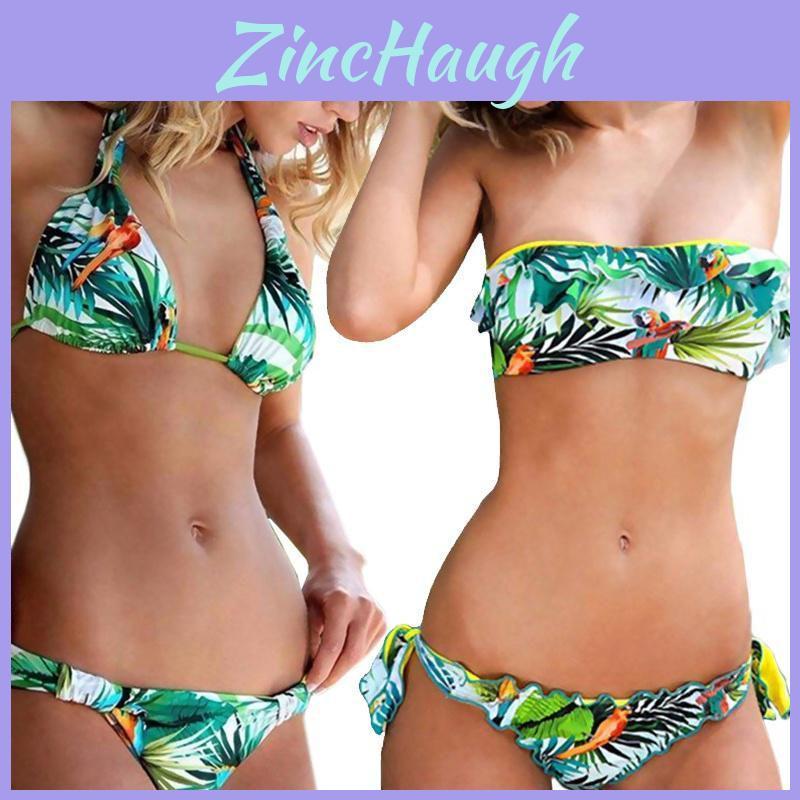 Exquisite Tropical Bikini Set With Green Leaf Print For Stylish Summer Swimwear