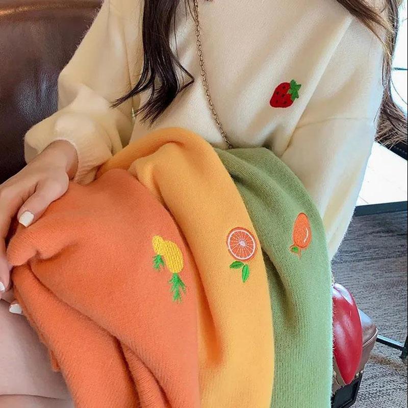 Sweater Girl Student Korean Loose Winter and Autumn Fruit Embroidery Pullover Sweater Female Candy Color Sweater