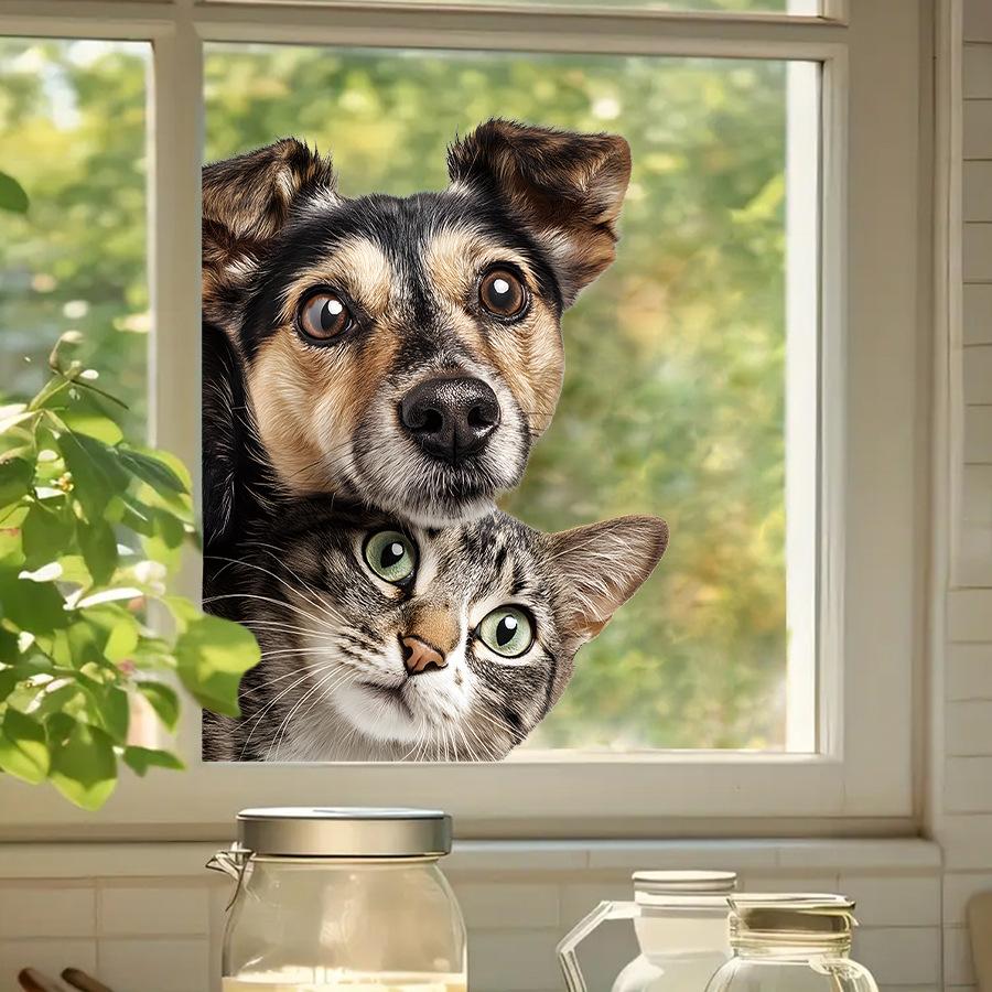 Roztomilé Realistické Kočka a Pes Statické Samolepky na Okno, Samolepicí Dekorace pro Domácí Skleněné Okno