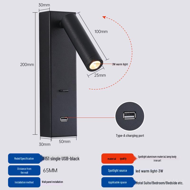 Rotatable Type-C USB Wall Lamp with Switch for Bedroom, Study, or Hotel