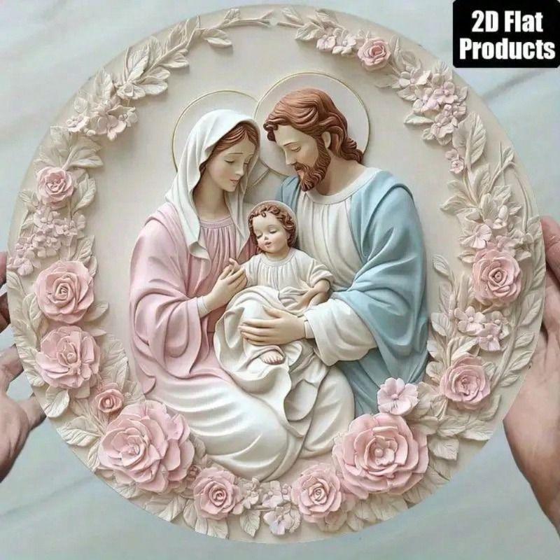 

Vintage Mary Jesus Round Catholic Metal Poster Wall Art Home