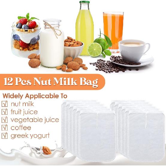 Tudomro 12 Pcs Nut Milk Bag Reble Food Safe Nylon Bag Strainer Nut Milk Mesh for Straining Almond, Coffee, Juices, Yogurt, Soup and Doufu, 7.9 x 11.8