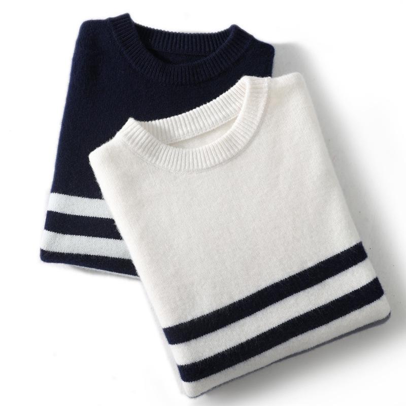 Men's Striped Pure Wool Round Neck Casual Thick Knit Sweater for Autumn & Winter