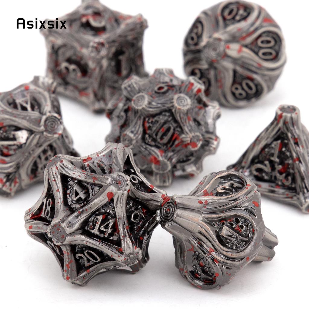 7 Pcs Silver Red Tree Stump Root Metal Dice Solid Metal Polyhedral Dice Set Suitable for Role-Playing RPG Board Game Card Game