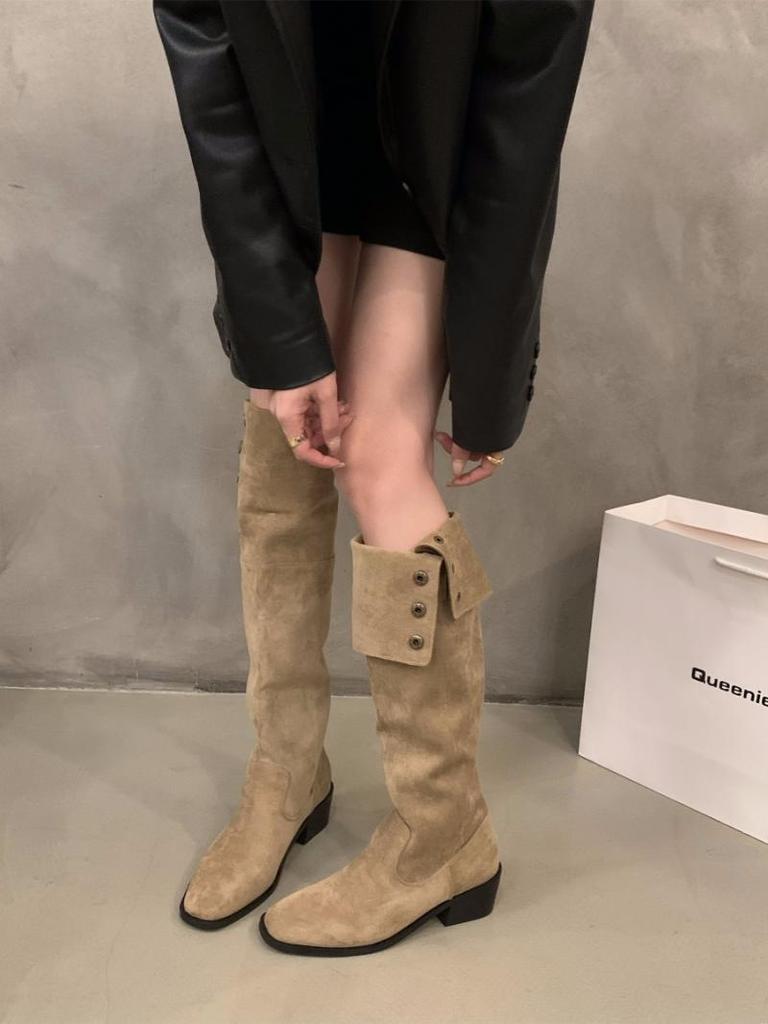 Thick heeled black high boots, over the knee boots, long boots, women's shoes, 2025 new autumn and winter skinny boots, long knight boots