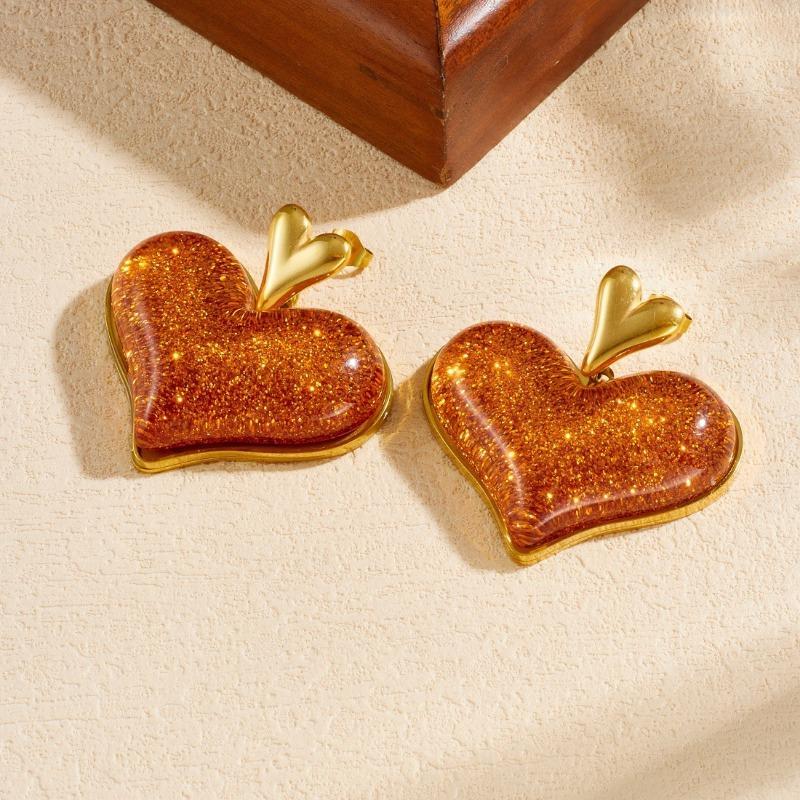 Gold Double Heart Stud Earrings with Glitter Resin for Women