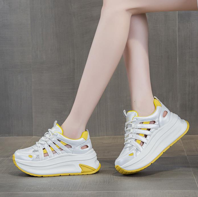 Fashion 7CM Women Spring Summer Air Mesh Shoes Mules Shoes Hollow Chunky Sneaker Slides Sandals Platform Wedge Microfiber Platform Wedge