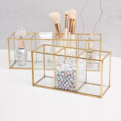 Prémiový skleněný organizér na štětce na make-up se zlatým okrajem Držák na kosmetické štětce na rtěnky Oční linky Voděodolný Prachotěsný úložný box