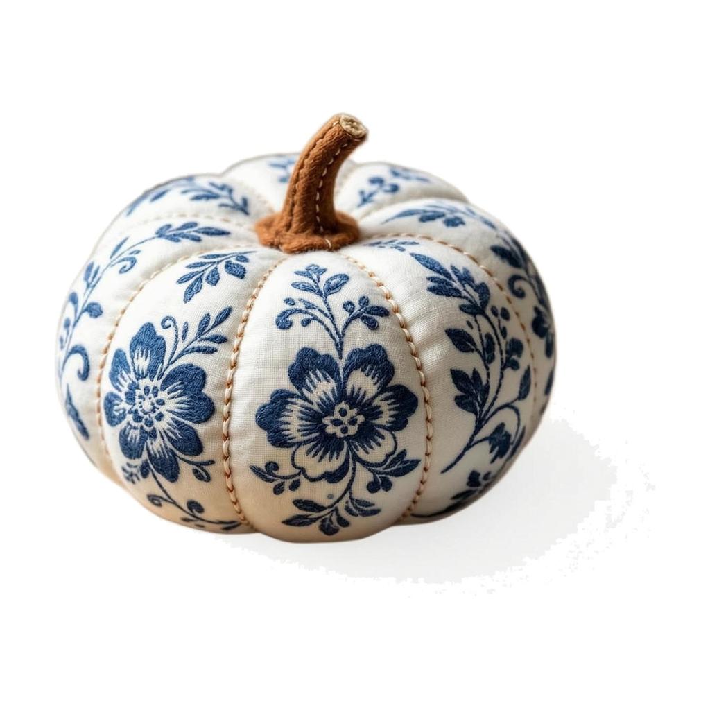Stitched Material Pumpkin with White Base Thanksgiving Floral Stem Halloween