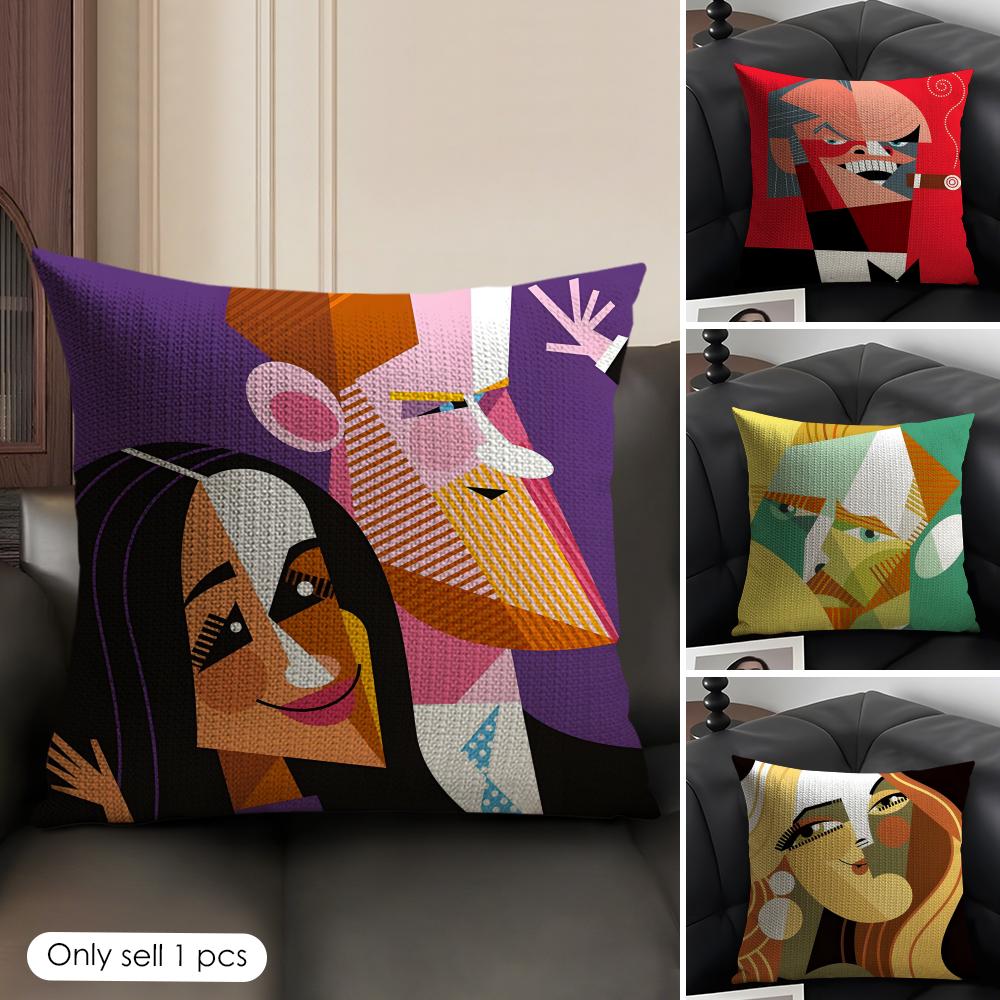 Abstract Cartoon Characters Cushion Cover Natural Linen Organic Fabric DoubleSided Printing Sofa Home Decor Gift Pillow Case
