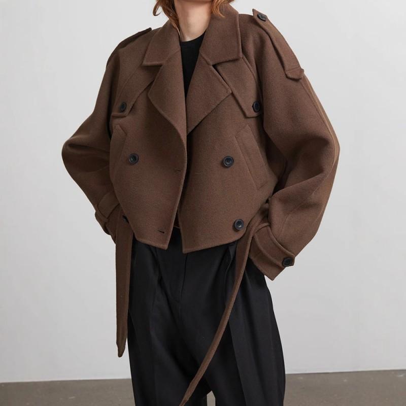 Womens Wool Blend Long Trench Coat With Notched Lapel Slim Fit Office Chic Outerwear In Black Brown Gray