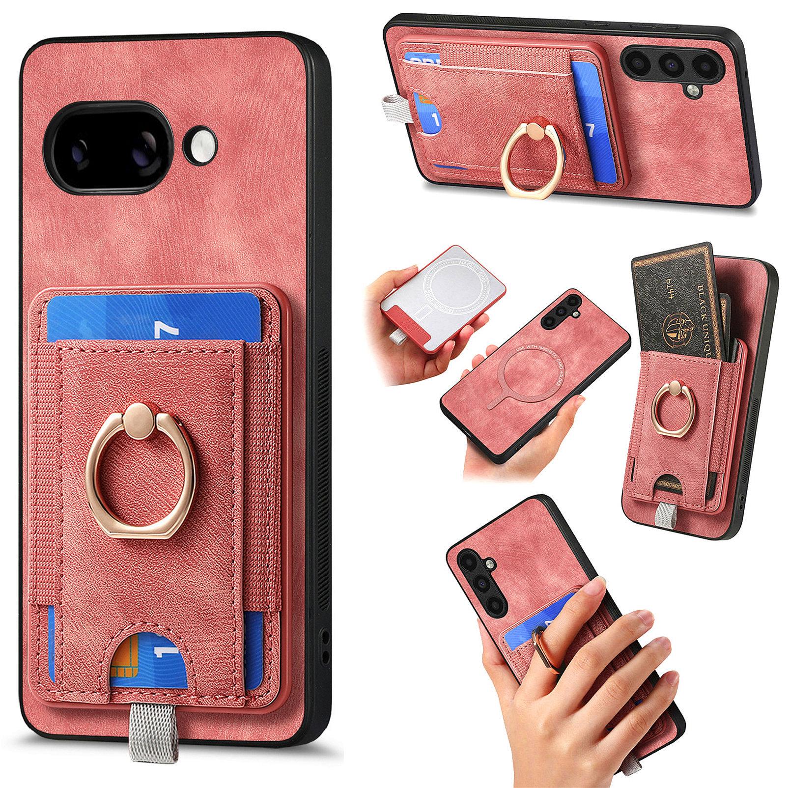 

For Google Pixel 9a Magnetic Case PU Leather Back Cover with Detachable Card Holder Pink
