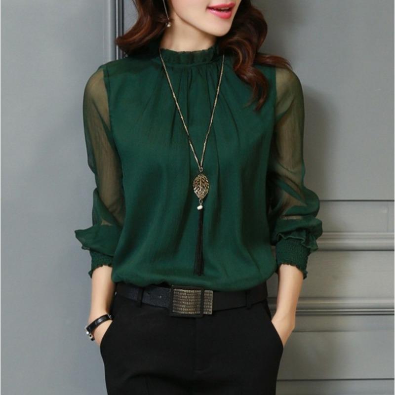 Spring New Lace Chiffon Shirt Women's Mesh Ruffled Stand Collar Long Sleeve Shirt Top