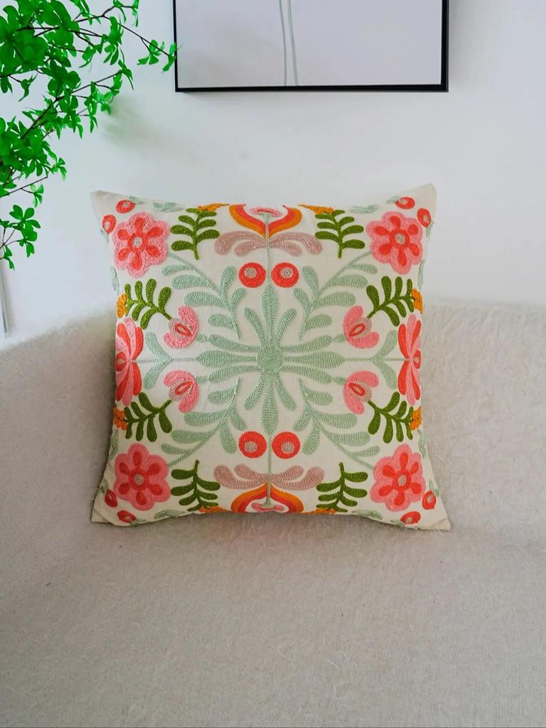 1Pc Colorful Flower Exquisite Embroidery Cushion Throw Pillow Cover Without Insert, For Home Decor