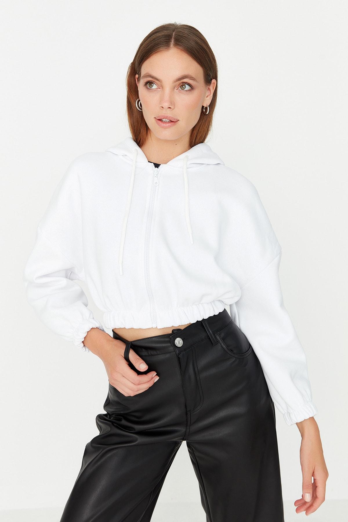 

White with Zipper, Hoodie, Crop, Fleece Inside, Knitted Sweatshirt TWOAW23SW00322..