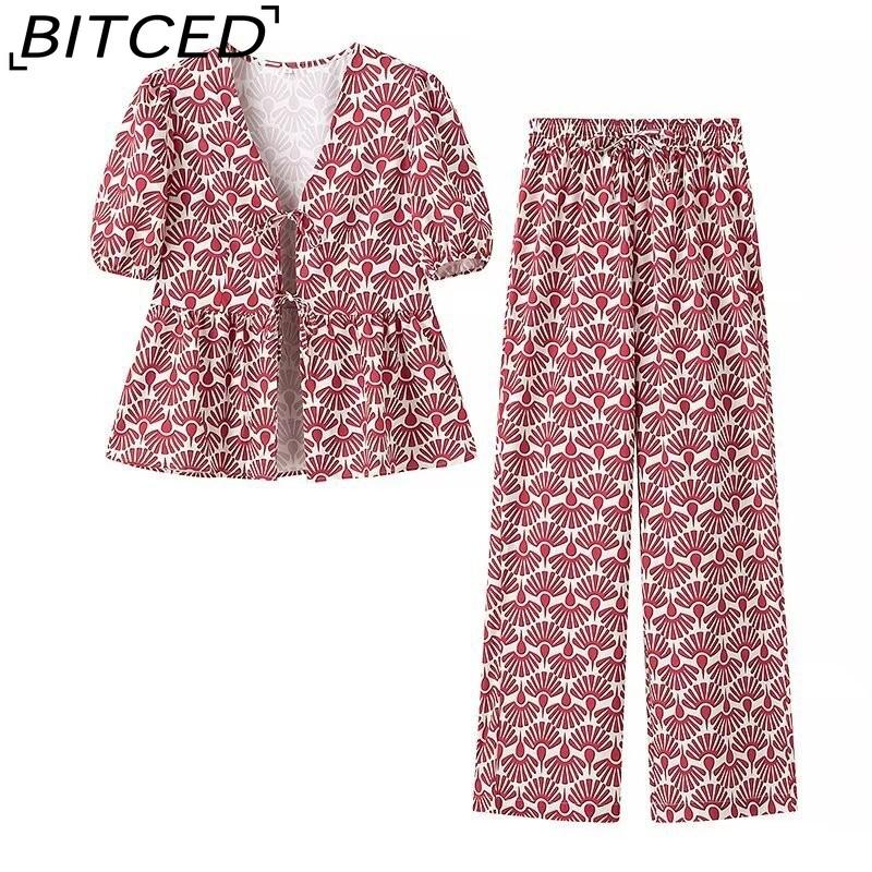 

BITCED Women s Summer Fashion Casual Lace-Up V-Neck Short-Sleeved Printed Shirt and Trousers Set L