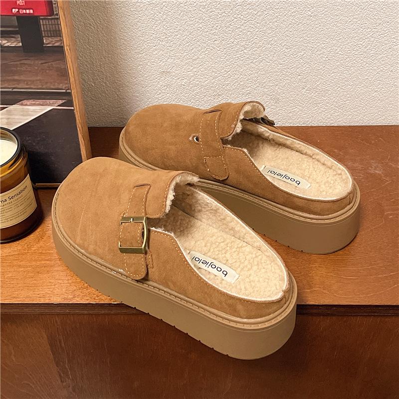 Baotou Thick-soled Boken Shoes, Fluffy Slippers for Women's Autumn and Winter Wear 2025 New Ins Trendy Muffin with Skirt Flat Bottom