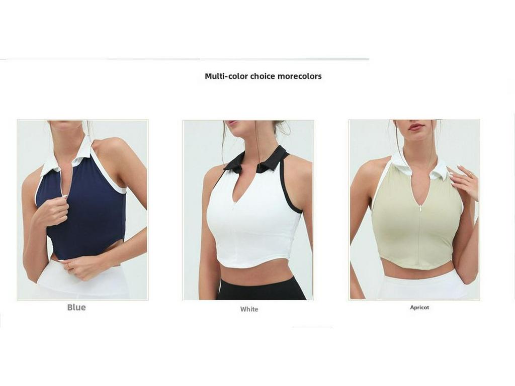 Women's Contrast Collar Sports Fitness Vest: Quick-Dry, High-Elastic, Chest-Padded, Zippered Top for Running & Yoga.