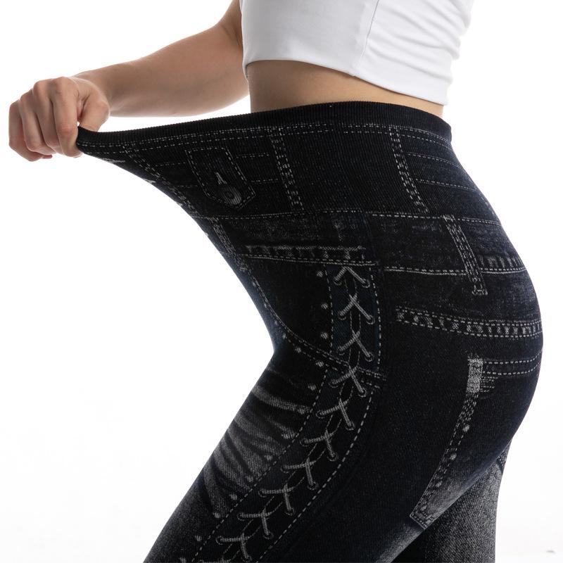 Women s High-Waist Fashion Printed Cotton Faux Denim Leggings - Slimming, Butt-Lifting Skinny Pants S чёрный