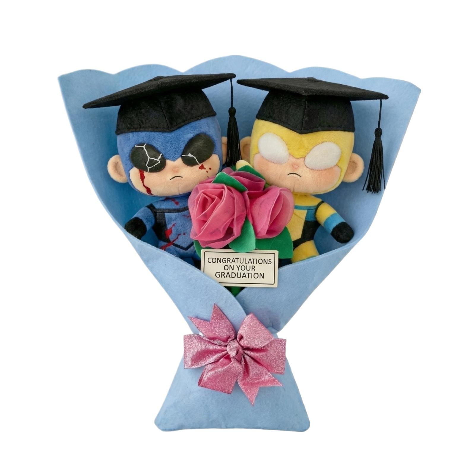 

Plush Doll Bouquet Graduation Gift Set with Two Soft Plush Dolls Wearing Graduation Caps and Decorative Fabric Flowers Wrapped in Soft Material One Size