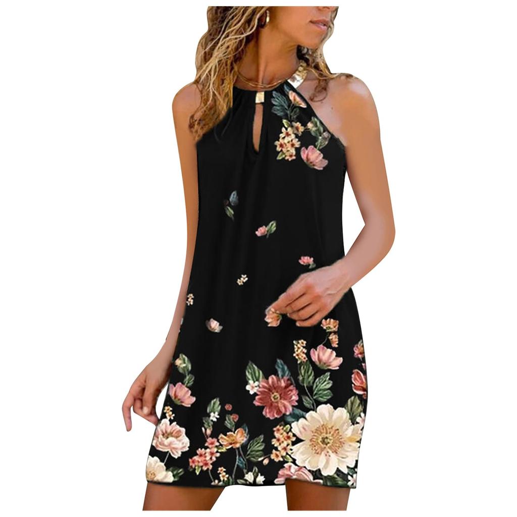 Women's Casual Fashion Metal Hanging Neck Leopard Print Sleeveless Dress