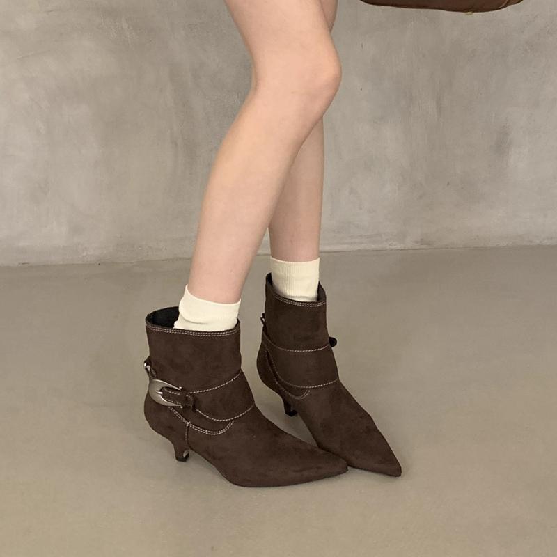 Winter New Brand Women Short Boots Fashion Buckle Slip On Pointed Toe Ankle Boots Thin Low Heel Dress Pumps