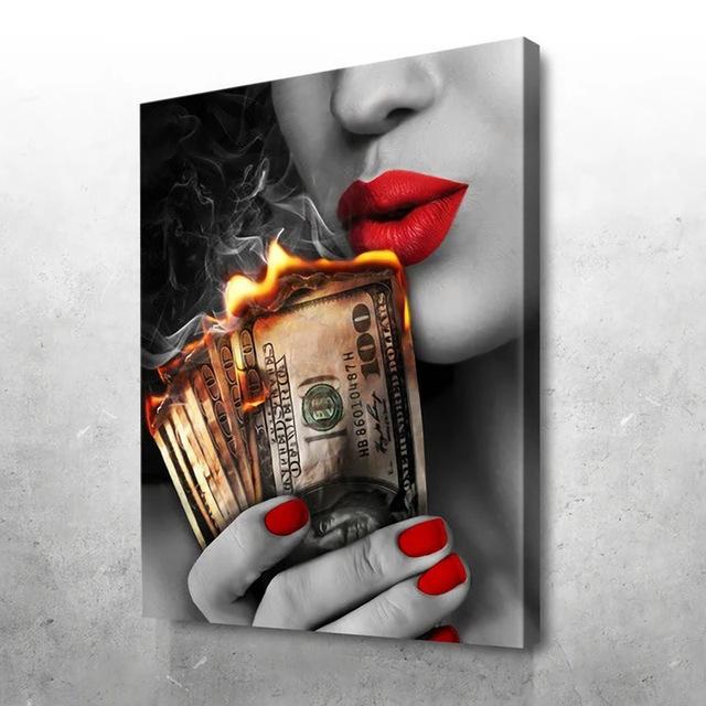 Art Red Lips Canvas Painting Print Pictures Lovers Girl Fire Money Wall Art Poster Modern for Living Room Office Bar Home Decor