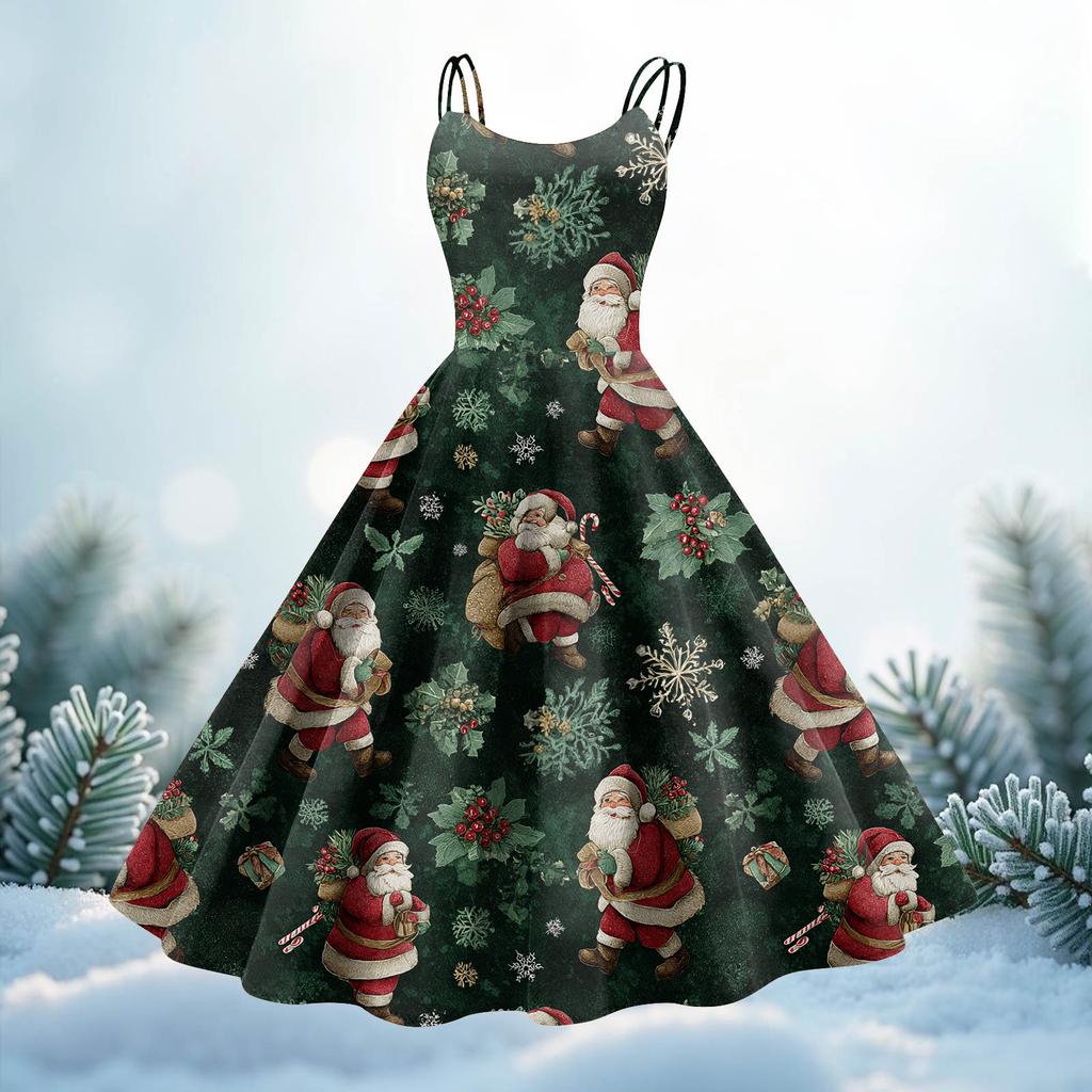 Women's Christmas Print Casual Fashion Round Neck Mid-Length Dress