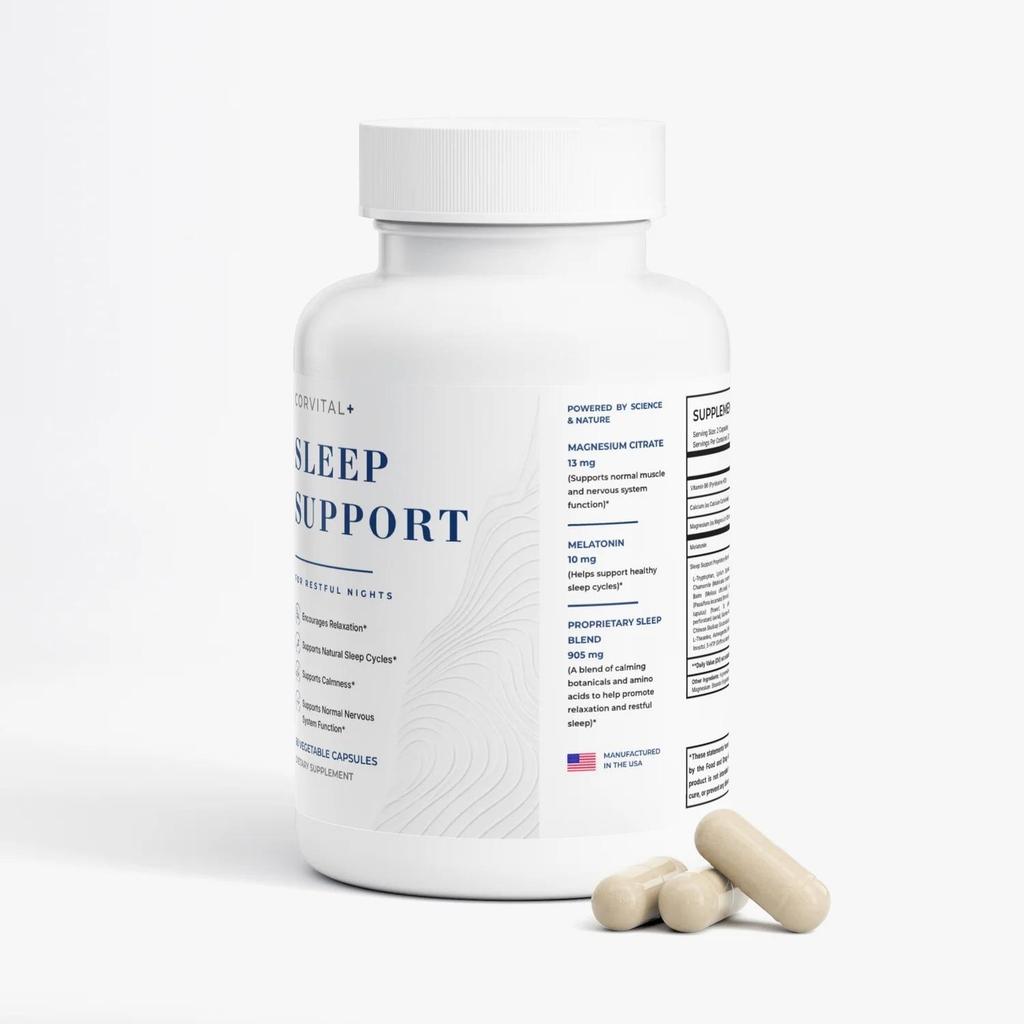 Corvital+ Sleep Support Capsules with Melatonin Magnesium Citrate Vitamin B6 Chamomile GABA L-Theanine Ashwagandha for Restful Sleep 60 Capsules