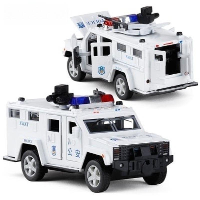 1:32er Maßstab Polizei SWAT Anti-Entführungs-LKW Legierungsmodellauto mit Rückzugmechanismus und Blinklichtern für Kleinkinder.