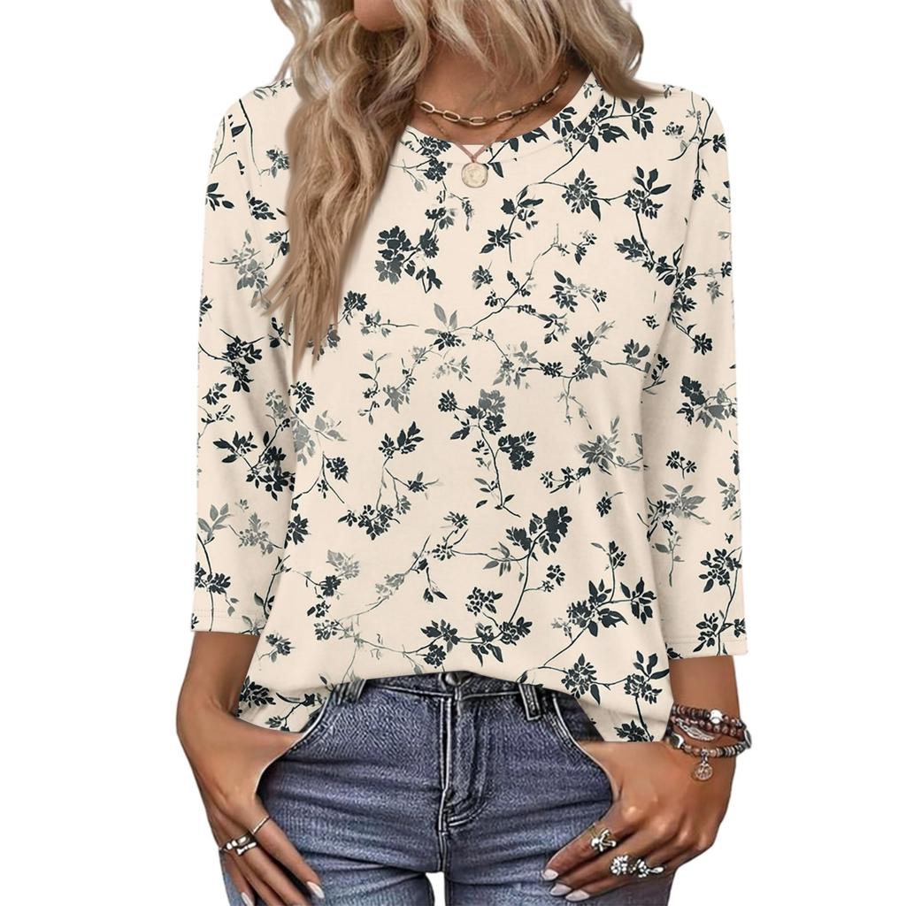 343/4 Sleeve Shirts For Women Cute Print Graphic Tees Blouses Casual Plus Size Basic Tops Pullover