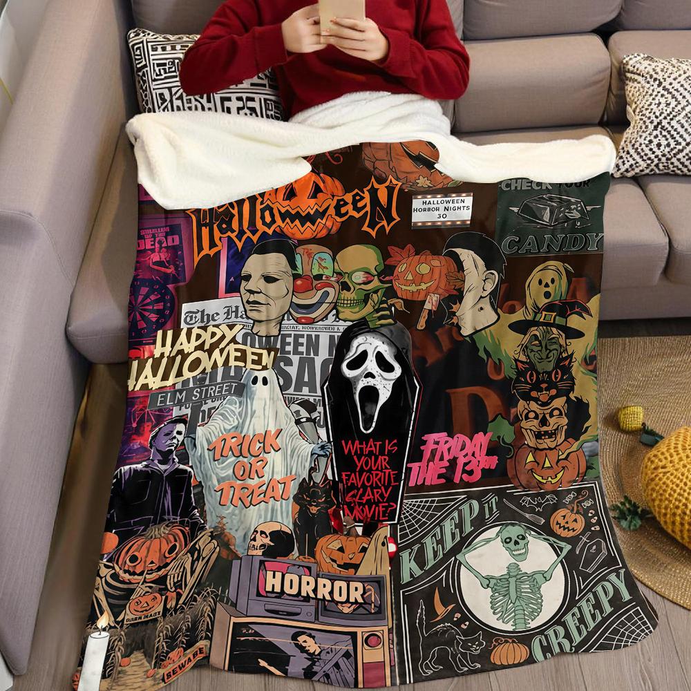 Horror Movie Halloween Flannel Blanket Warm Soft Halloween Christmas Couch Warm Cozy Decorative Decor Gift for All Season