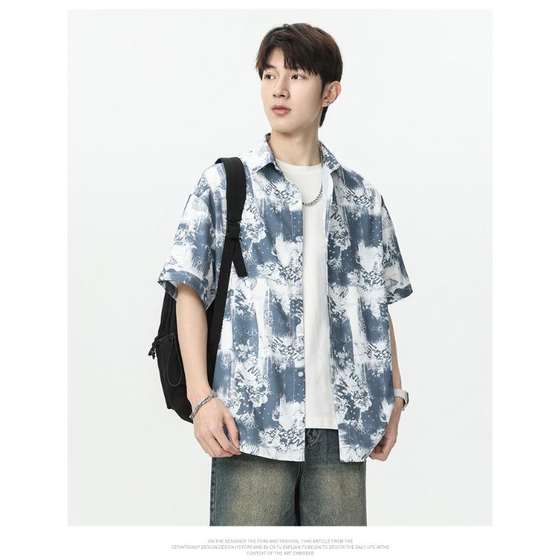 Men's Blue White Abstract Print Short Sleeve Shirt - Oversized Casual Streetwear Summer Button Up