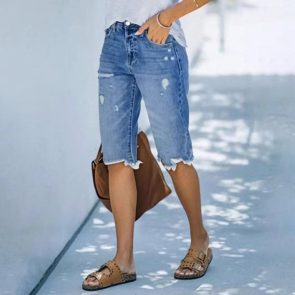 Women Straight Leg Denim Shorts with Pockets Distressed Design Mid Waist Non Stretch Casual Jean Bermuda Shorts